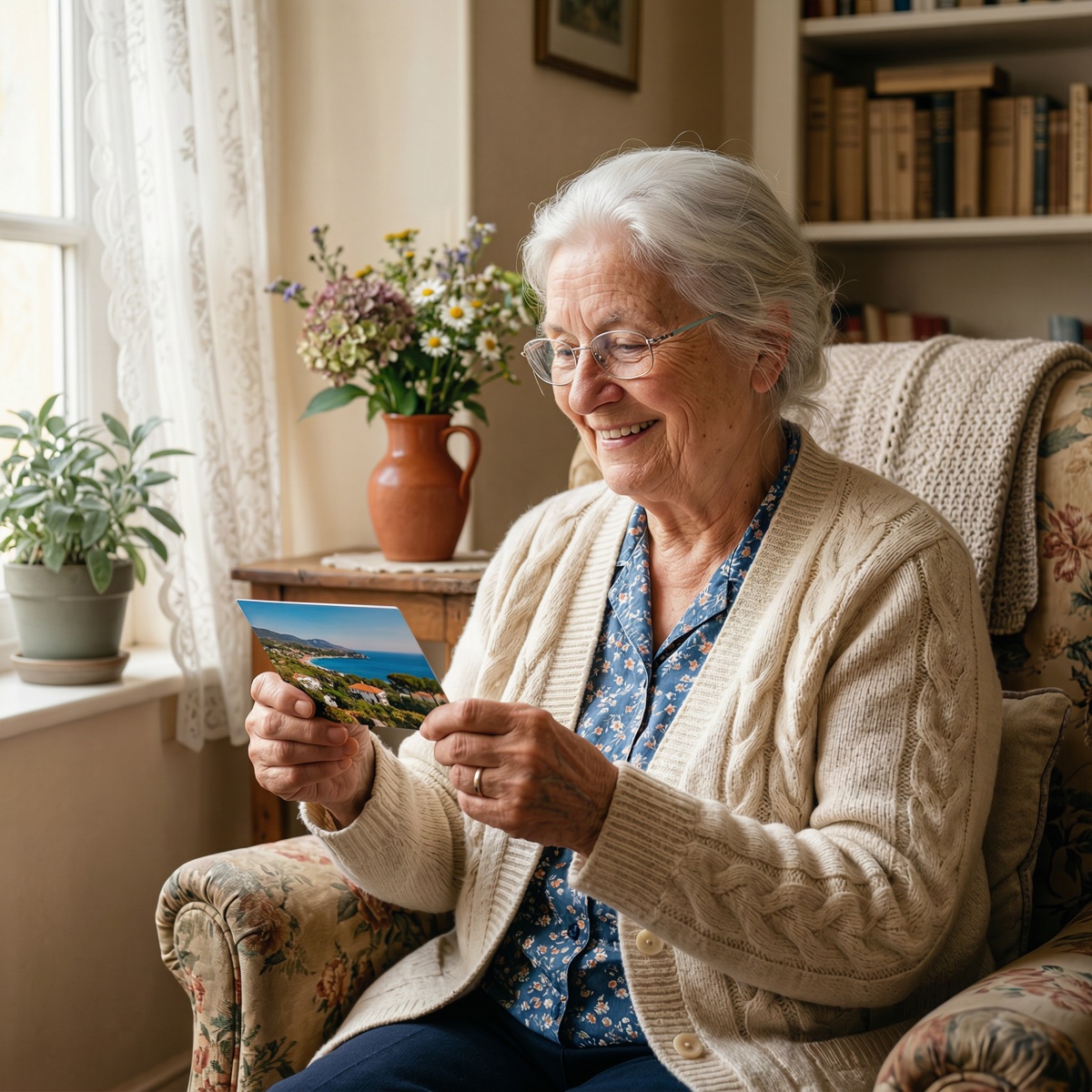 A smiling grandmother reading a postcard in her living room